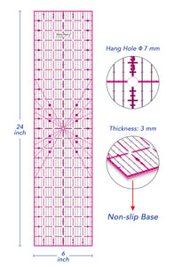 Shiny Merry 6 x 24 inch Transparent Non-Slip Acrylic Quilting Ruler for Precision Cutting, Crafts with Pink and Black Grid